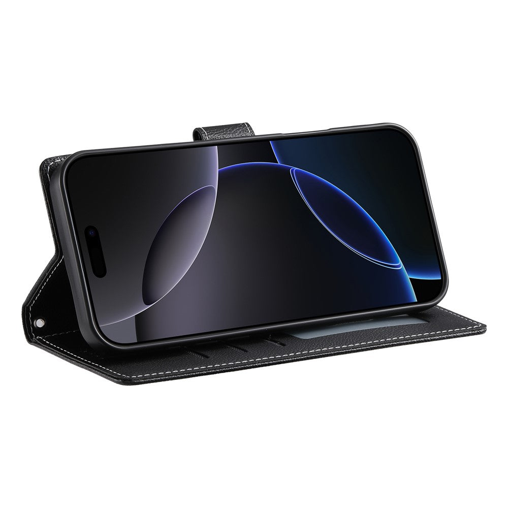 For iPhone 17 Pro Max Case Magnetic Snap Litchi Texture Leather Wallet Phone Cover with Wrist Strap - Black