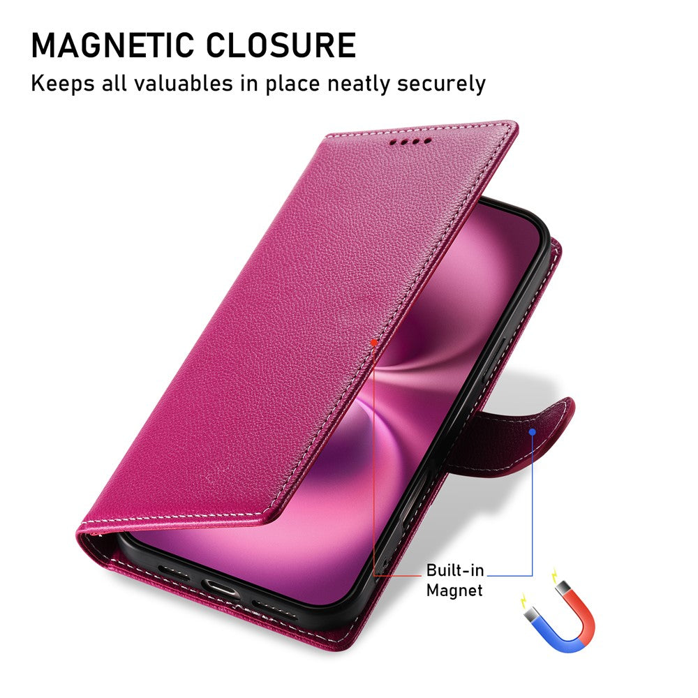 For iPhone 17 Pro Max Case Magnetic Snap Litchi Texture Leather Wallet Phone Cover with Wrist Strap - Rose