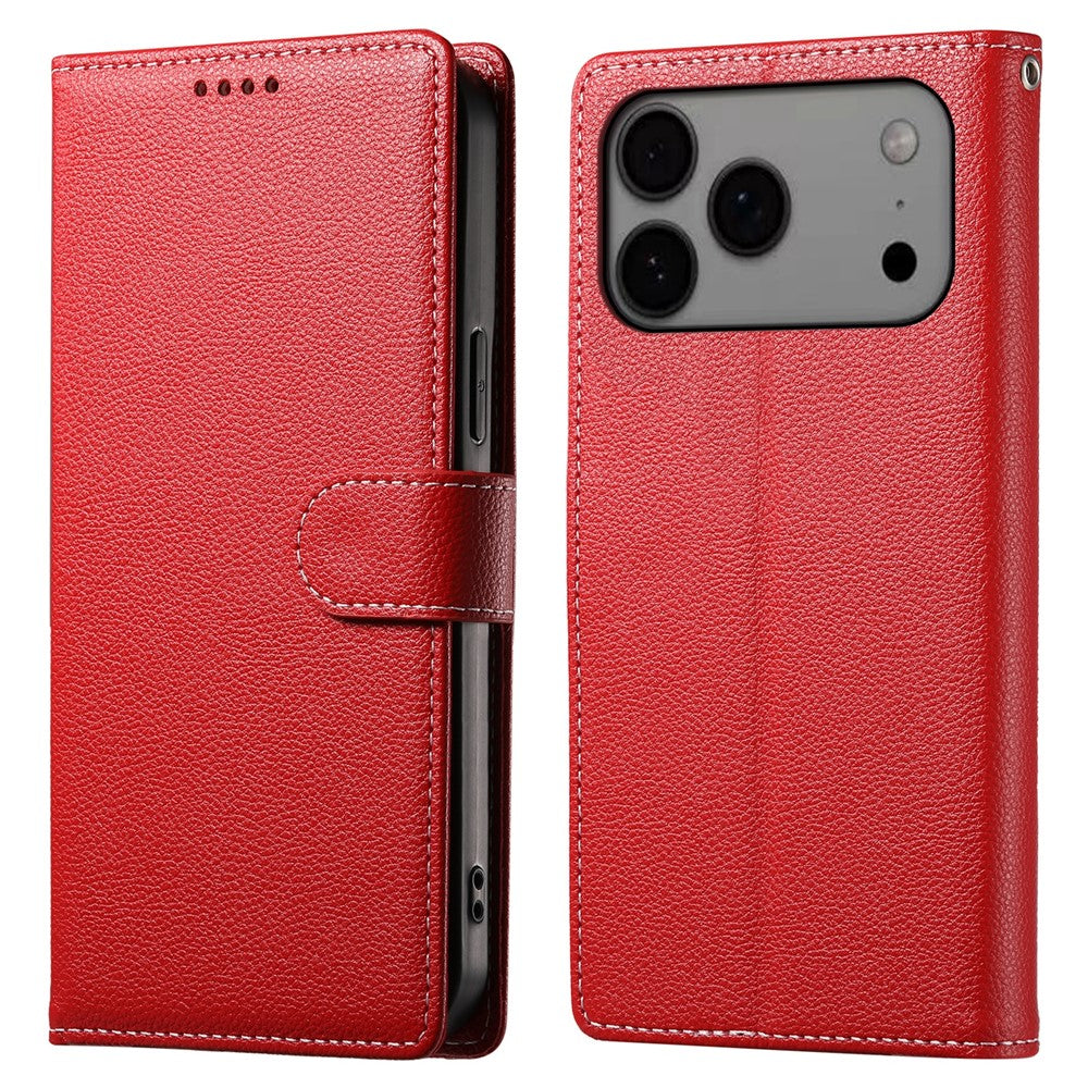For iPhone 17 Pro Max Case Magnetic Snap Litchi Texture Leather Wallet Phone Cover with Wrist Strap - Red