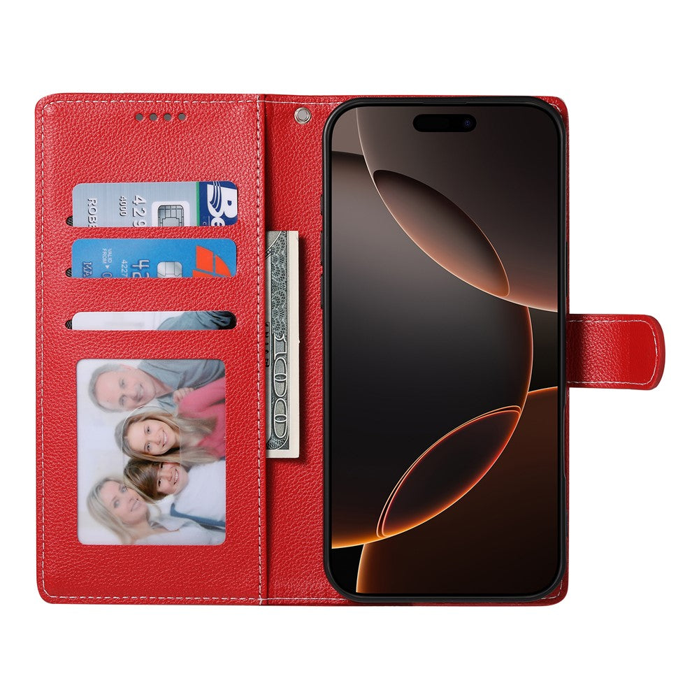 For iPhone 17 Pro Max Case Magnetic Snap Litchi Texture Leather Wallet Phone Cover with Wrist Strap - Red