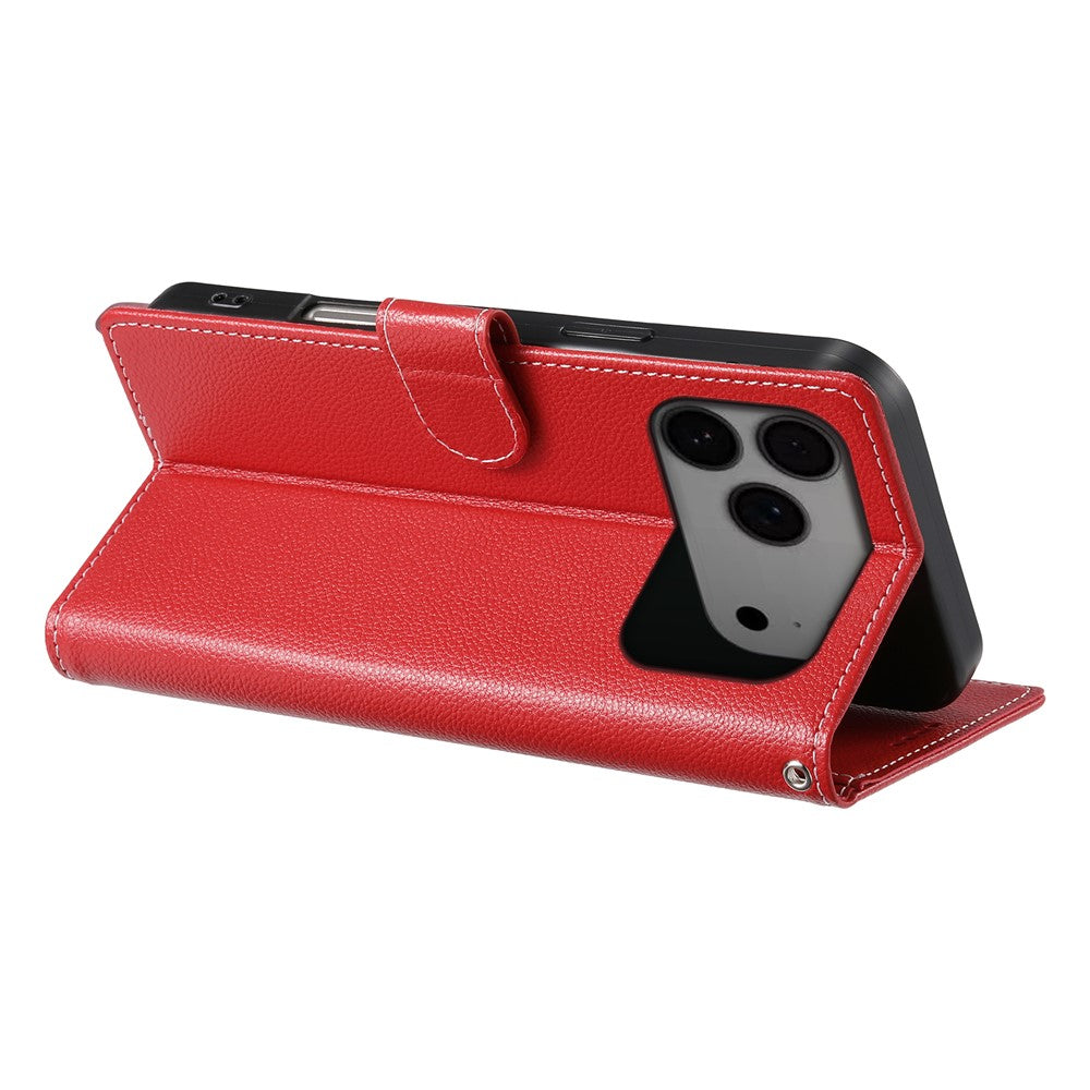 For iPhone 17 Pro Max Case Magnetic Snap Litchi Texture Leather Wallet Phone Cover with Wrist Strap - Red