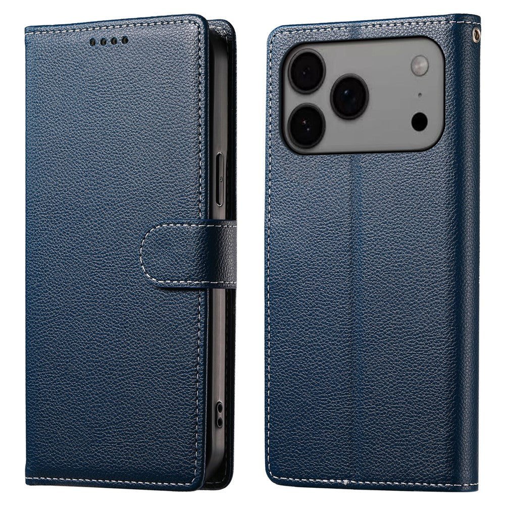 For iPhone 17 Pro Max Case Magnetic Snap Litchi Texture Leather Wallet Phone Cover with Wrist Strap - Dark Blue
