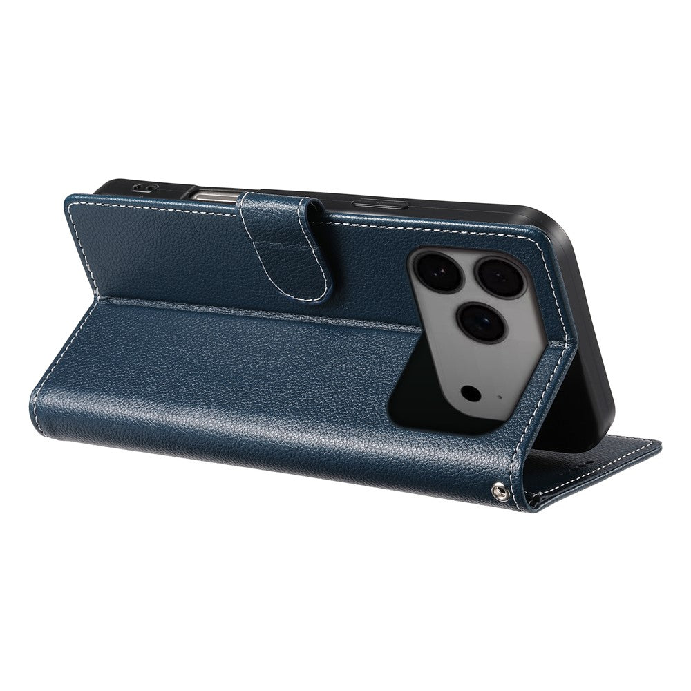 For iPhone 17 Pro Max Case Magnetic Snap Litchi Texture Leather Wallet Phone Cover with Wrist Strap - Dark Blue