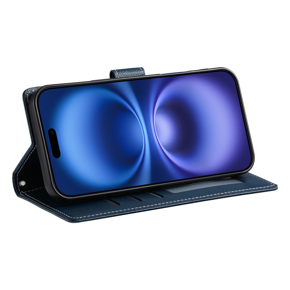 For iPhone 17 Pro Max Case Magnetic Snap Litchi Texture Leather Wallet Phone Cover with Wrist Strap - Dark Blue