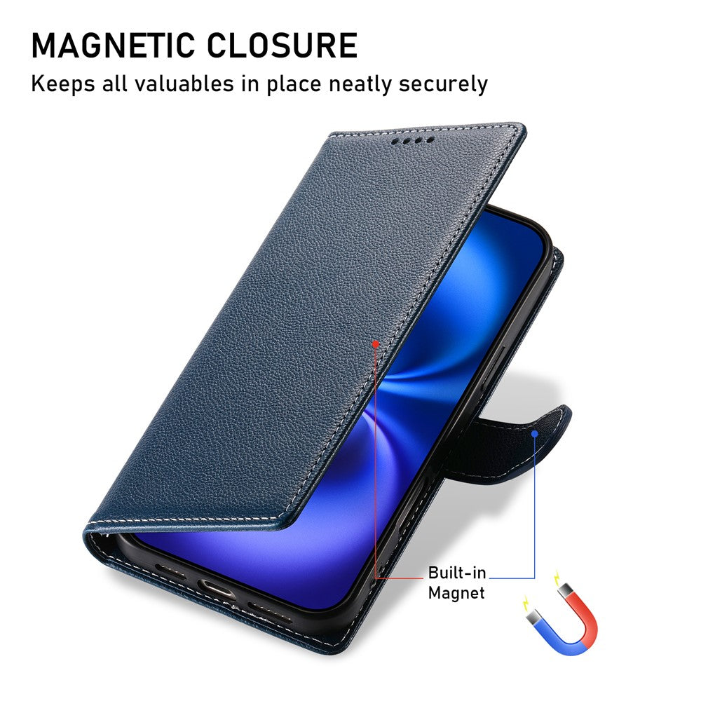 For iPhone 17 Pro Max Case Magnetic Snap Litchi Texture Leather Wallet Phone Cover with Wrist Strap - Dark Blue