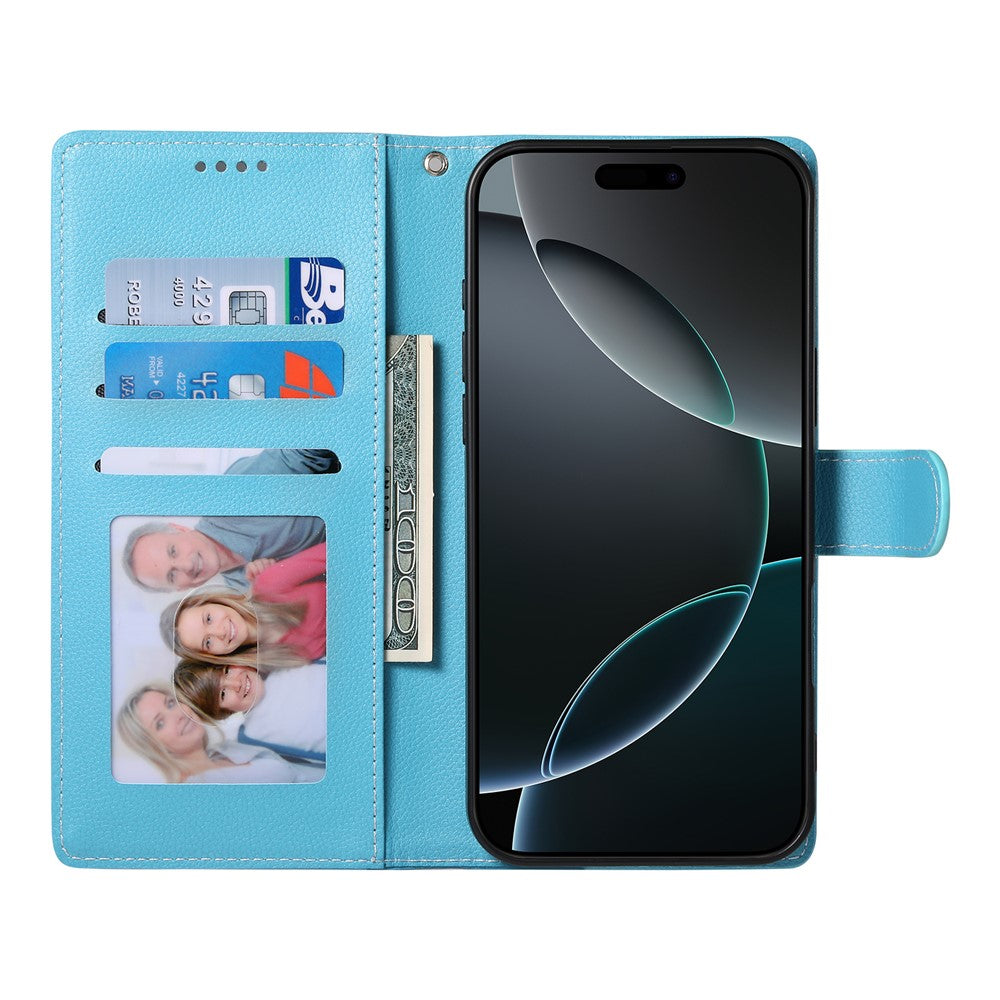 For iPhone 17 Pro Max Case Magnetic Snap Litchi Texture Leather Wallet Phone Cover with Wrist Strap - Sky Blue