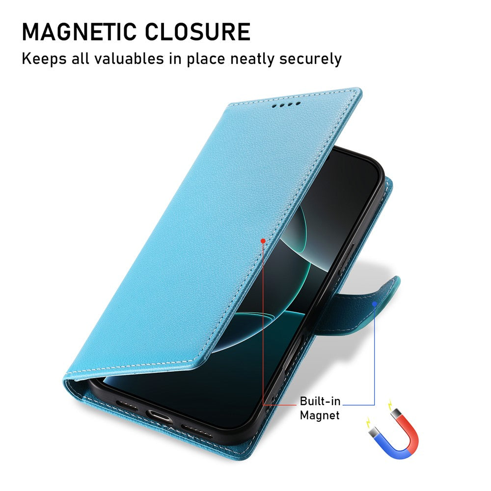 For iPhone 17 Pro Max Case Magnetic Snap Litchi Texture Leather Wallet Phone Cover with Wrist Strap - Sky Blue