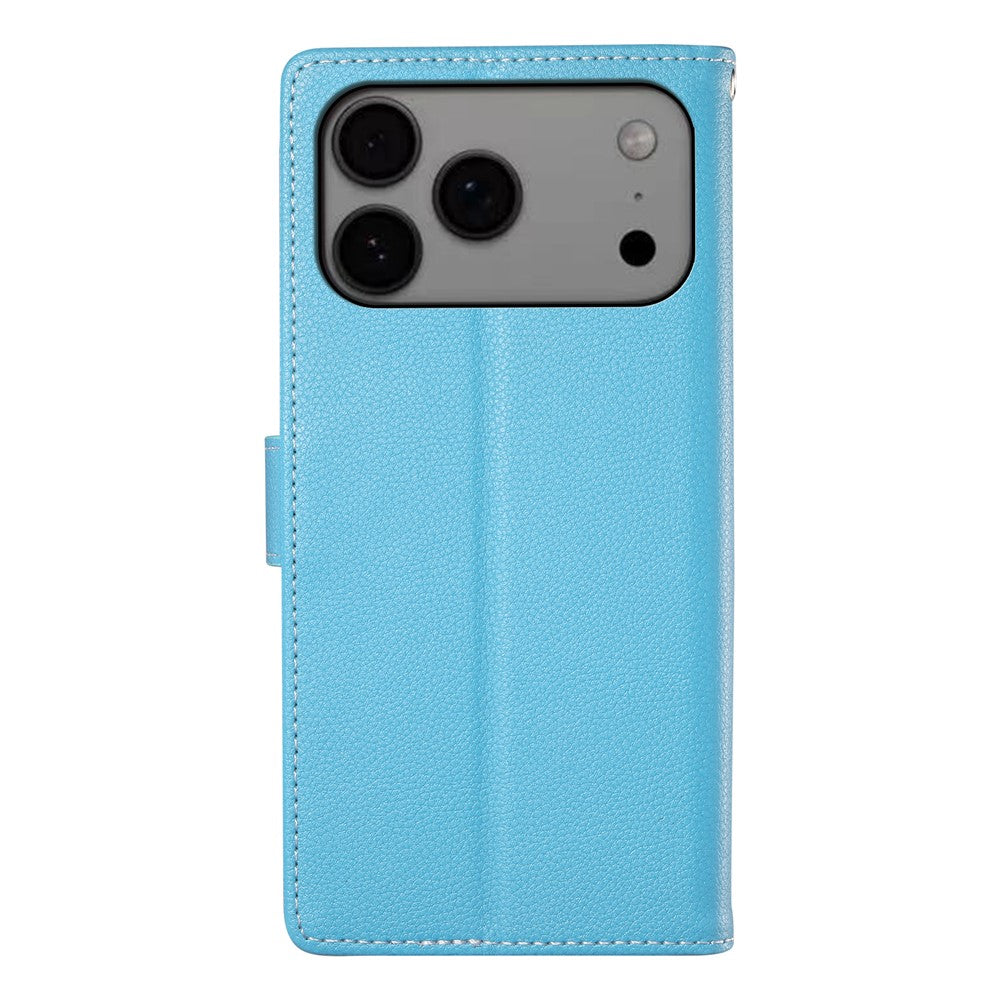 For iPhone 17 Pro Max Case Magnetic Snap Litchi Texture Leather Wallet Phone Cover with Wrist Strap - Sky Blue