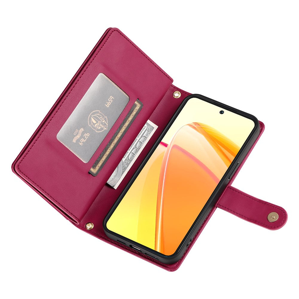 For Oppo Reno14 Pro 5G (Global) Case Zipper Pocket Wallet Leather Phone Cover with Straps - Red