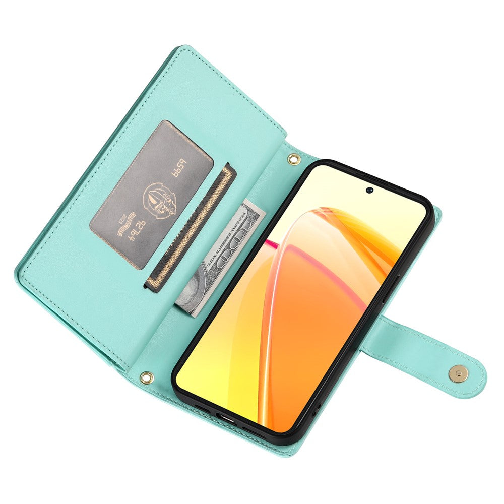 For Oppo Reno14 Pro 5G (Global) Case Zipper Pocket Wallet Leather Phone Cover with Straps - Mint Green