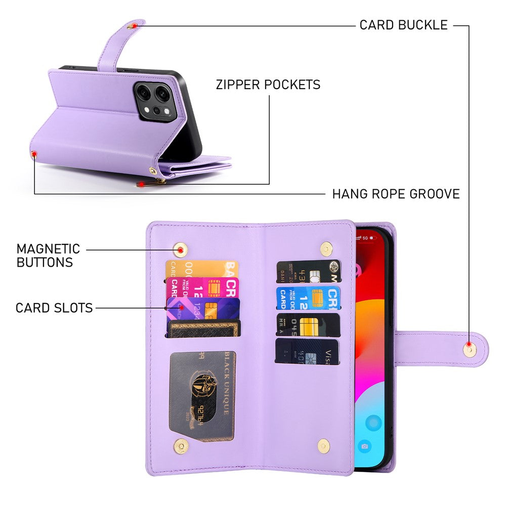For Oppo Reno14 Pro 5G (Global) Case Zipper Pocket Wallet Leather Phone Cover with Straps - Purple