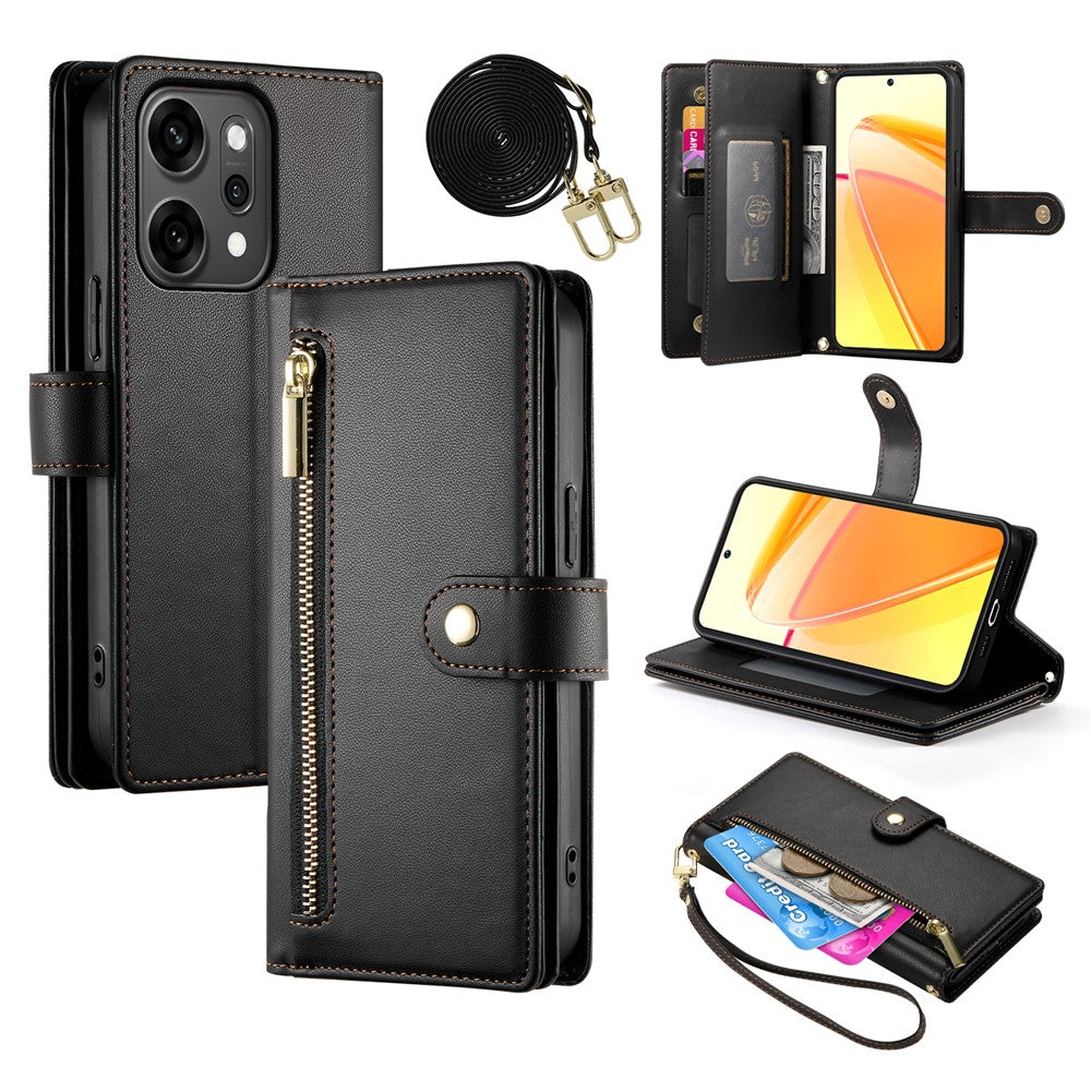 For Oppo Reno14 Pro 5G (Global) Case Zipper Pocket Wallet Leather Phone Cover with Straps - Black