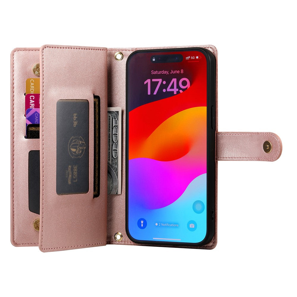 For iPhone 17 Pro Max Case Zipper Pocket Wallet Leather Phone Cover with Straps - Pink