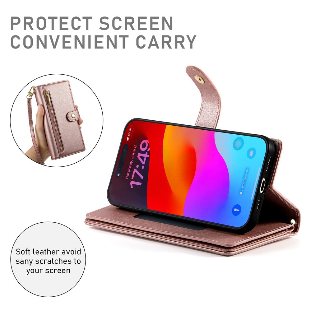 For iPhone 17 Pro Max Case Zipper Pocket Wallet Leather Phone Cover with Straps - Pink