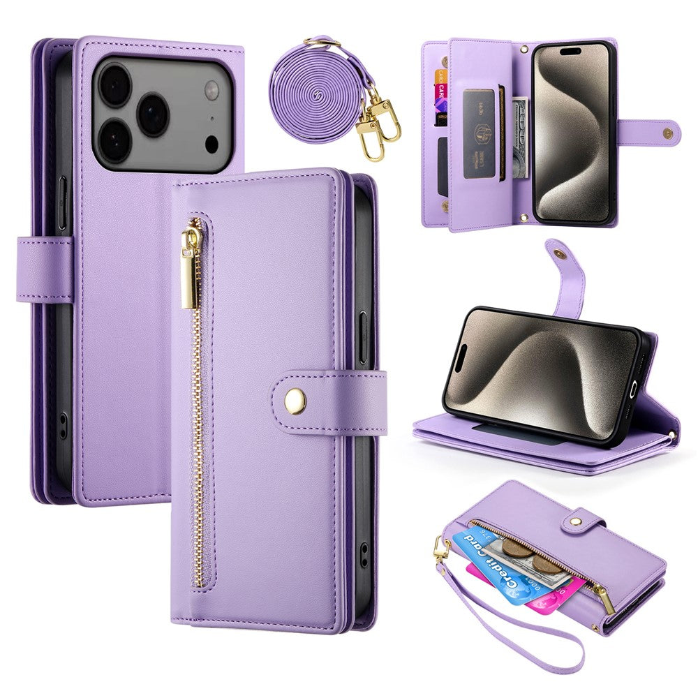 For iPhone 17 Pro Max Case Zipper Pocket Wallet Leather Phone Cover with Straps - Purple