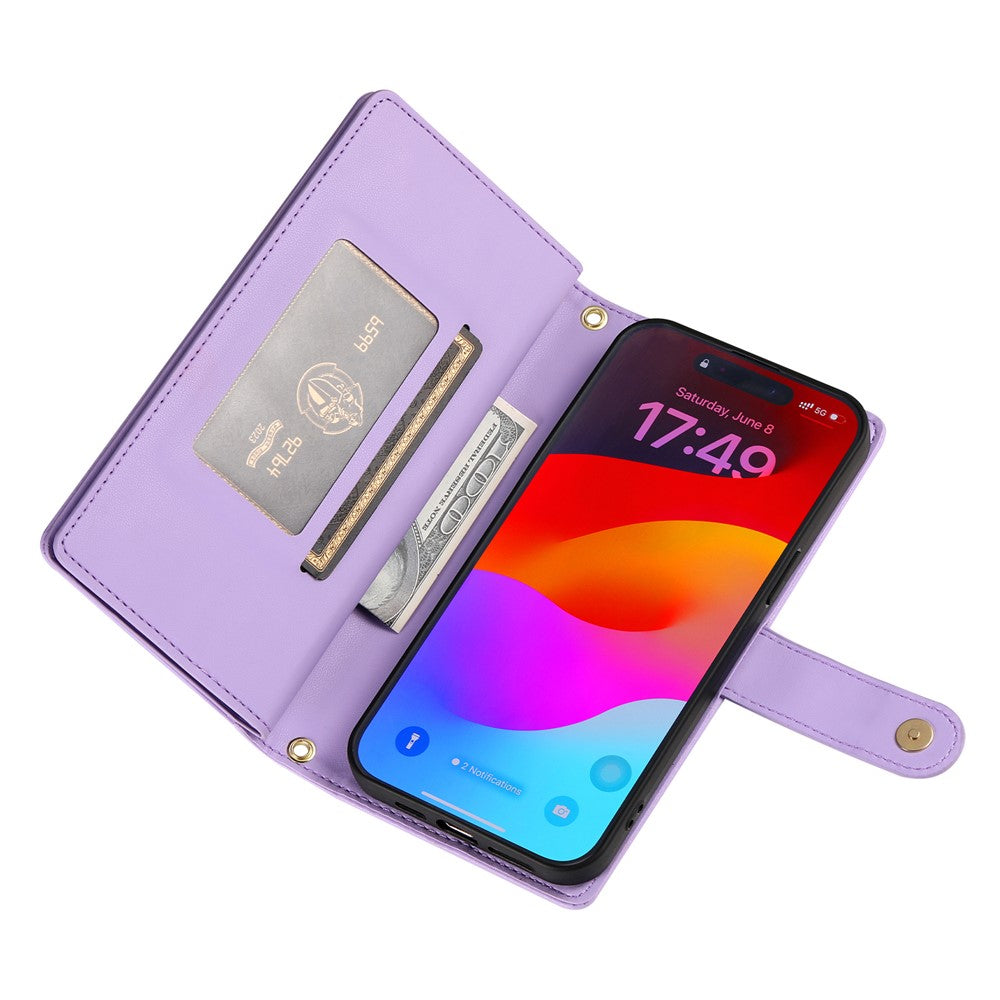 For iPhone 17 Pro Max Case Zipper Pocket Wallet Leather Phone Cover with Straps - Purple