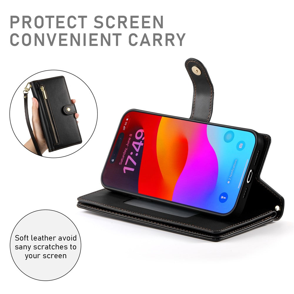 For iPhone 17 Pro Max Case Zipper Pocket Wallet Leather Phone Cover with Straps - Black