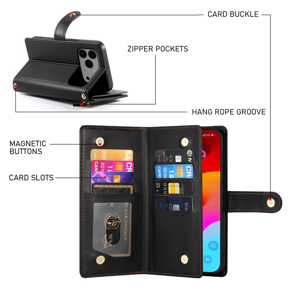 For iPhone 17 Pro Max Case Zipper Pocket Wallet Leather Phone Cover with Straps - Black