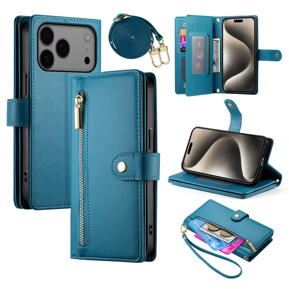 For iPhone 17 Pro Max Case Zipper Pocket Wallet Leather Phone Cover with Straps - Blue