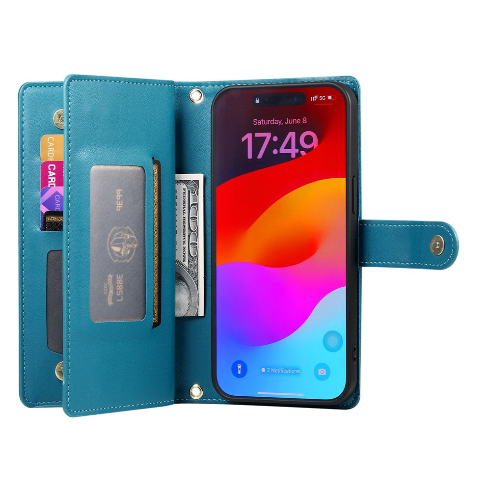 For iPhone 17 Pro Max Case Zipper Pocket Wallet Leather Phone Cover with Straps - Blue