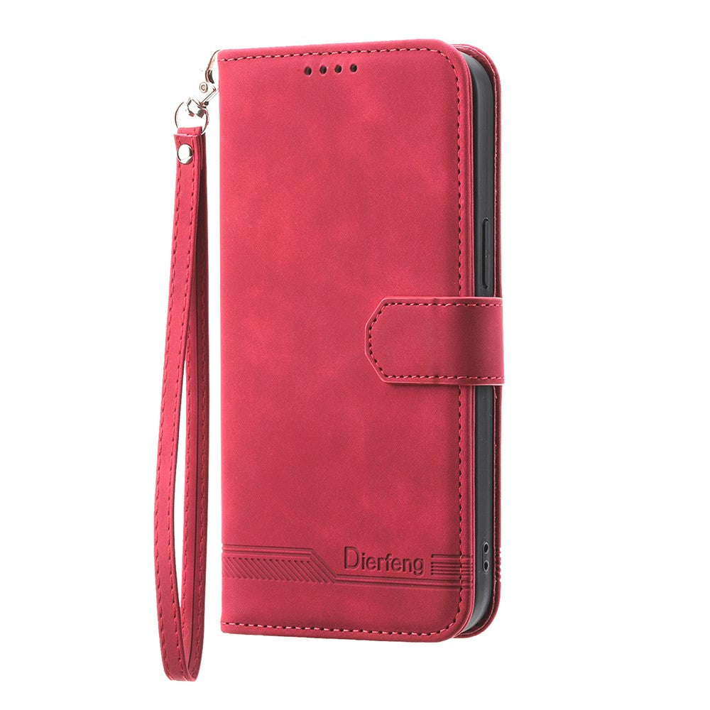DIERFENG DF-03 For Oppo Reno14 Pro 5G (Global) Case Lines Imprint Wallet Leather Phone Cover with Wrist Strap - Red
