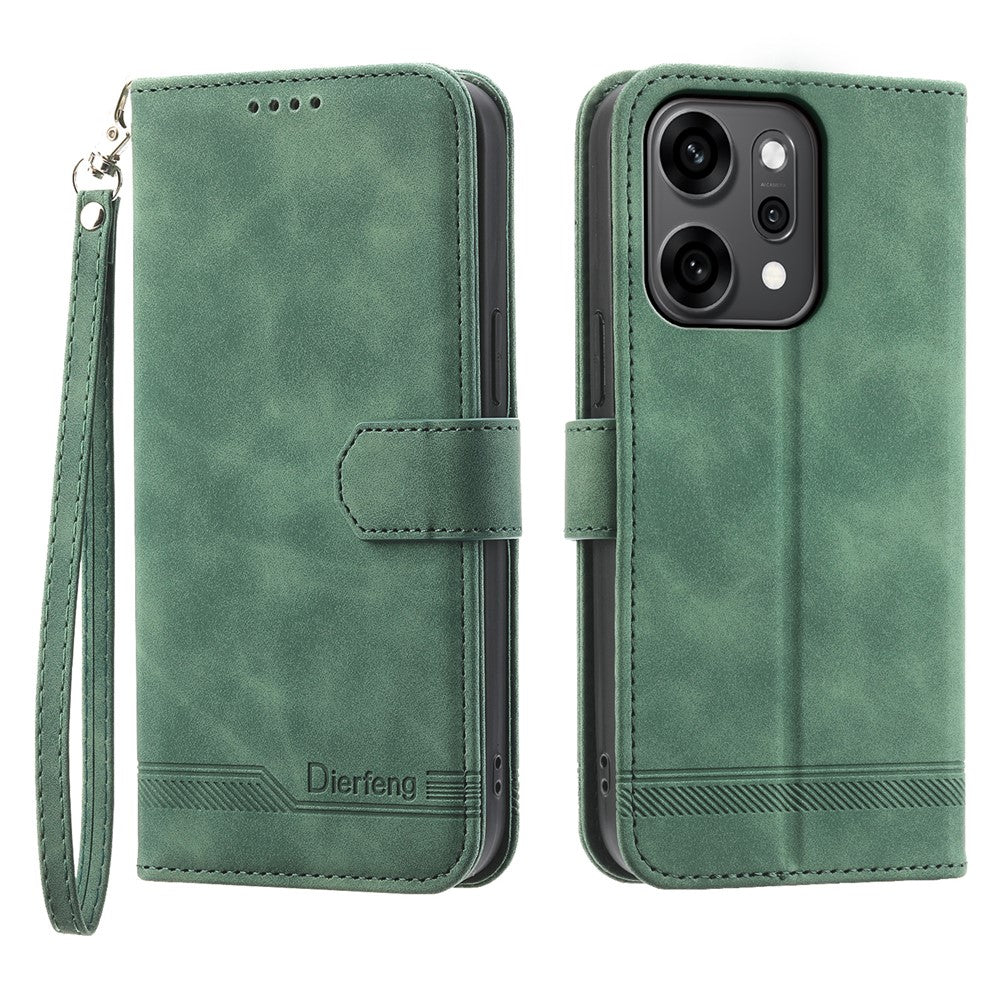 DIERFENG DF-03 For Oppo Reno14 Pro 5G (Global) Case Lines Imprint Wallet Leather Phone Cover with Wrist Strap - Green