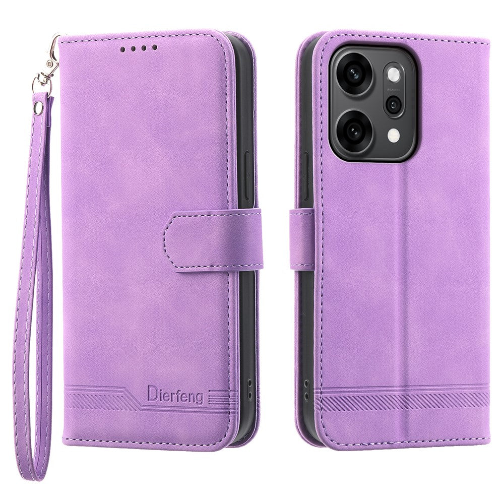 DIERFENG DF-03 For Oppo Reno14 Pro 5G (Global) Case Lines Imprint Wallet Leather Phone Cover with Wrist Strap - Purple