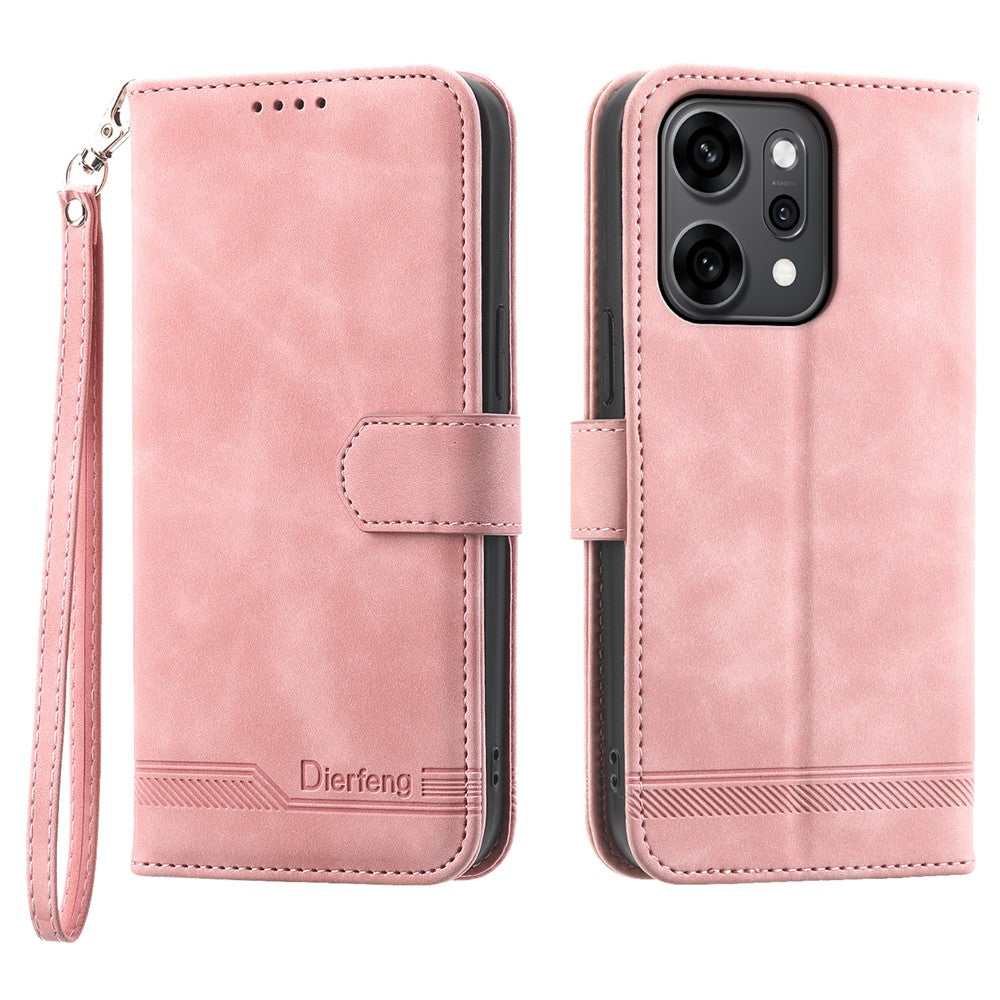 DIERFENG DF-03 For Oppo Reno14 Pro 5G (Global) Case Lines Imprint Wallet Leather Phone Cover with Wrist Strap - Pink