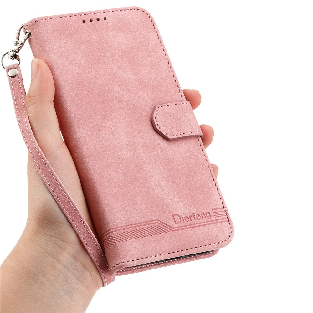 DIERFENG DF-03 For Oppo Reno14 Pro 5G (Global) Case Lines Imprint Wallet Leather Phone Cover with Wrist Strap - Pink