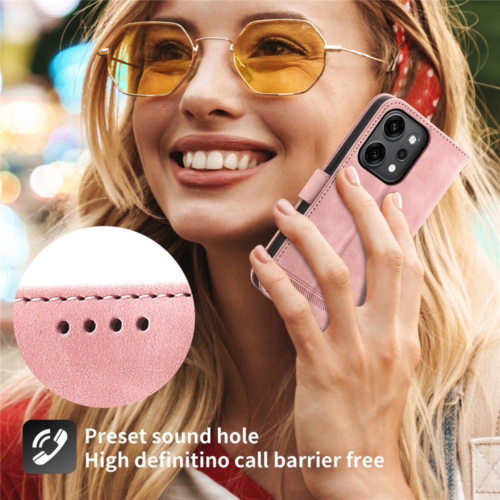 DIERFENG DF-03 For Oppo Reno14 Pro 5G (Global) Case Lines Imprint Wallet Leather Phone Cover with Wrist Strap - Pink