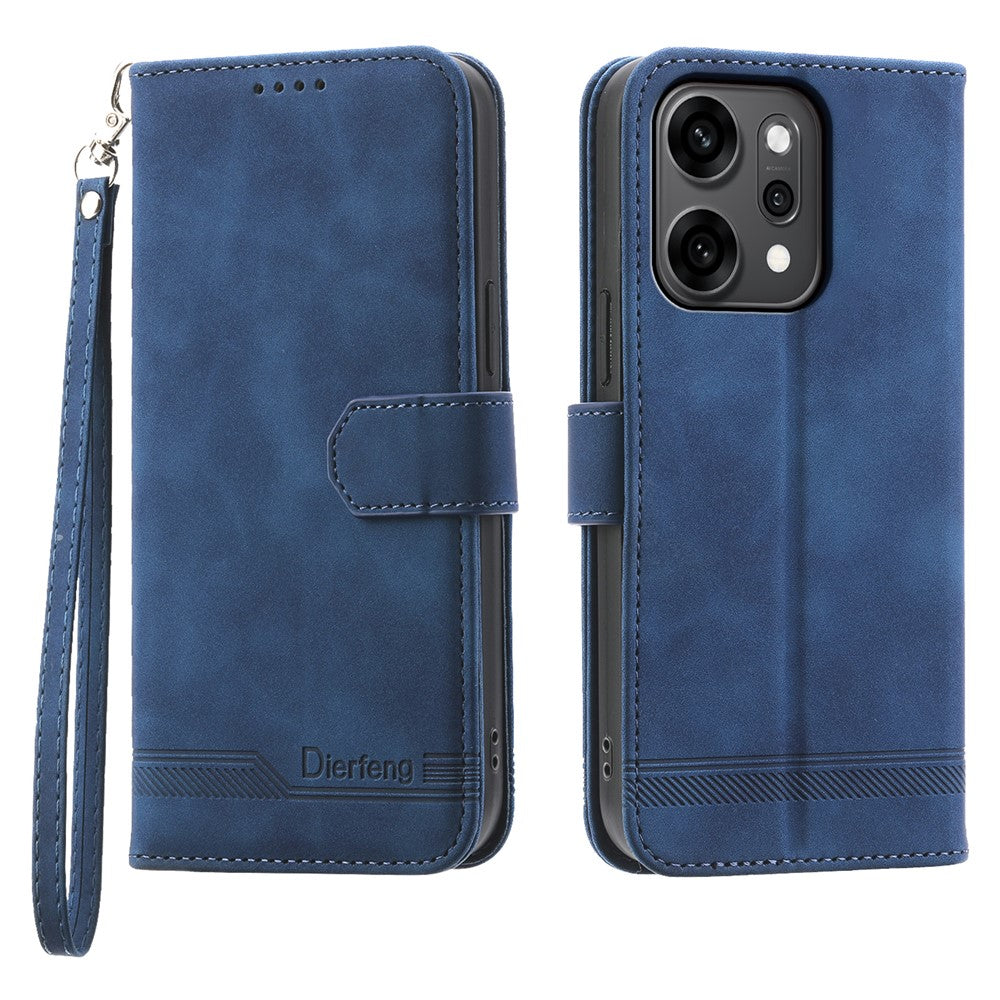 DIERFENG DF-03 For Oppo Reno14 Pro 5G (Global) Case Lines Imprint Wallet Leather Phone Cover with Wrist Strap - Blue