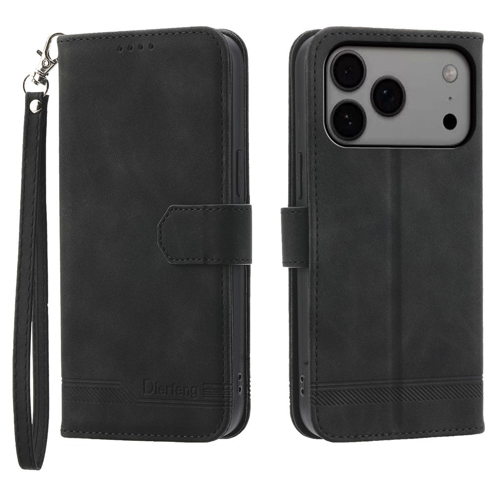 DIERFENG DF-03 For iPhone 17 Pro Max Case Lines Imprint Wallet Leather Phone Cover with Wrist Strap - Black