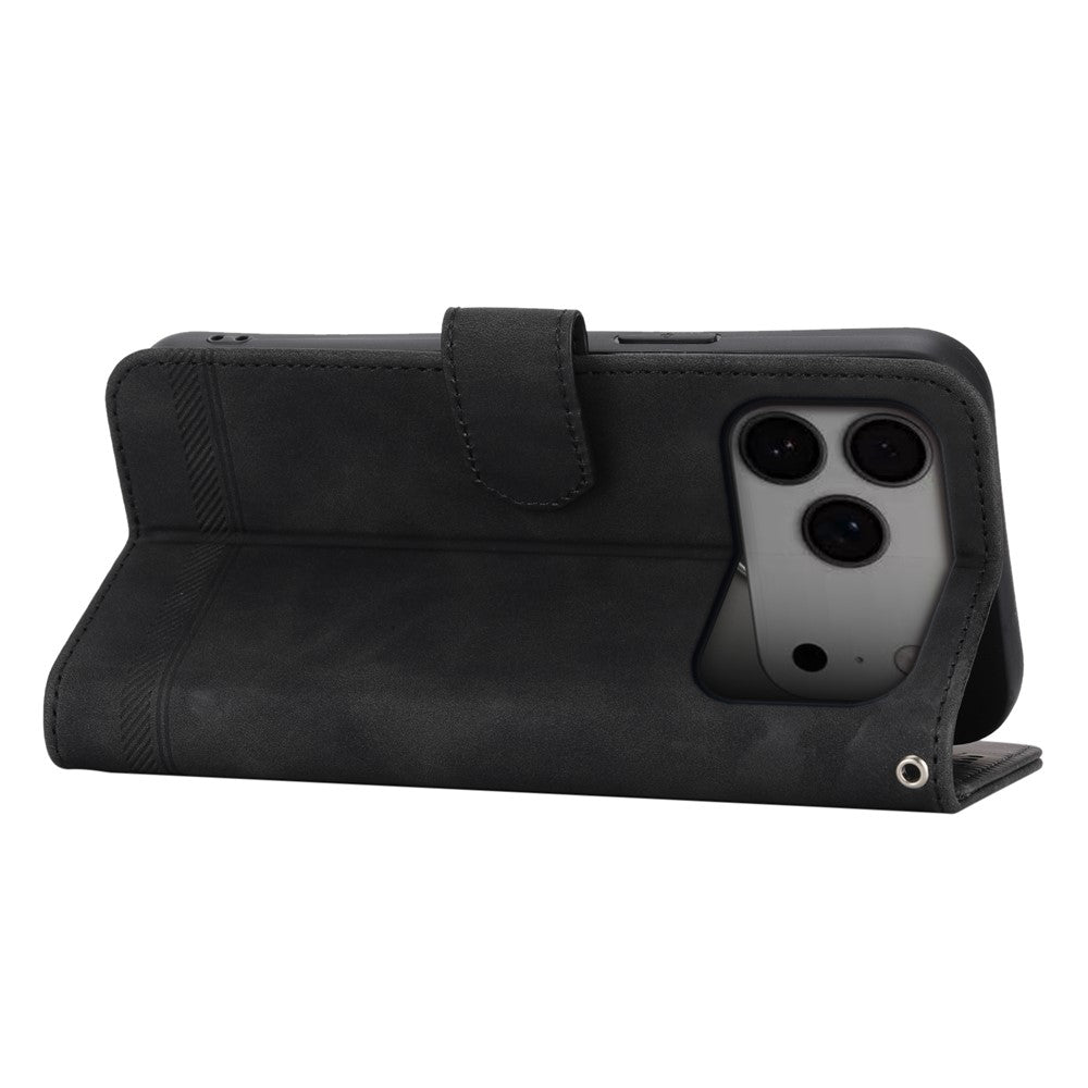 DIERFENG DF-03 For iPhone 17 Pro Max Case Lines Imprint Wallet Leather Phone Cover with Wrist Strap - Black