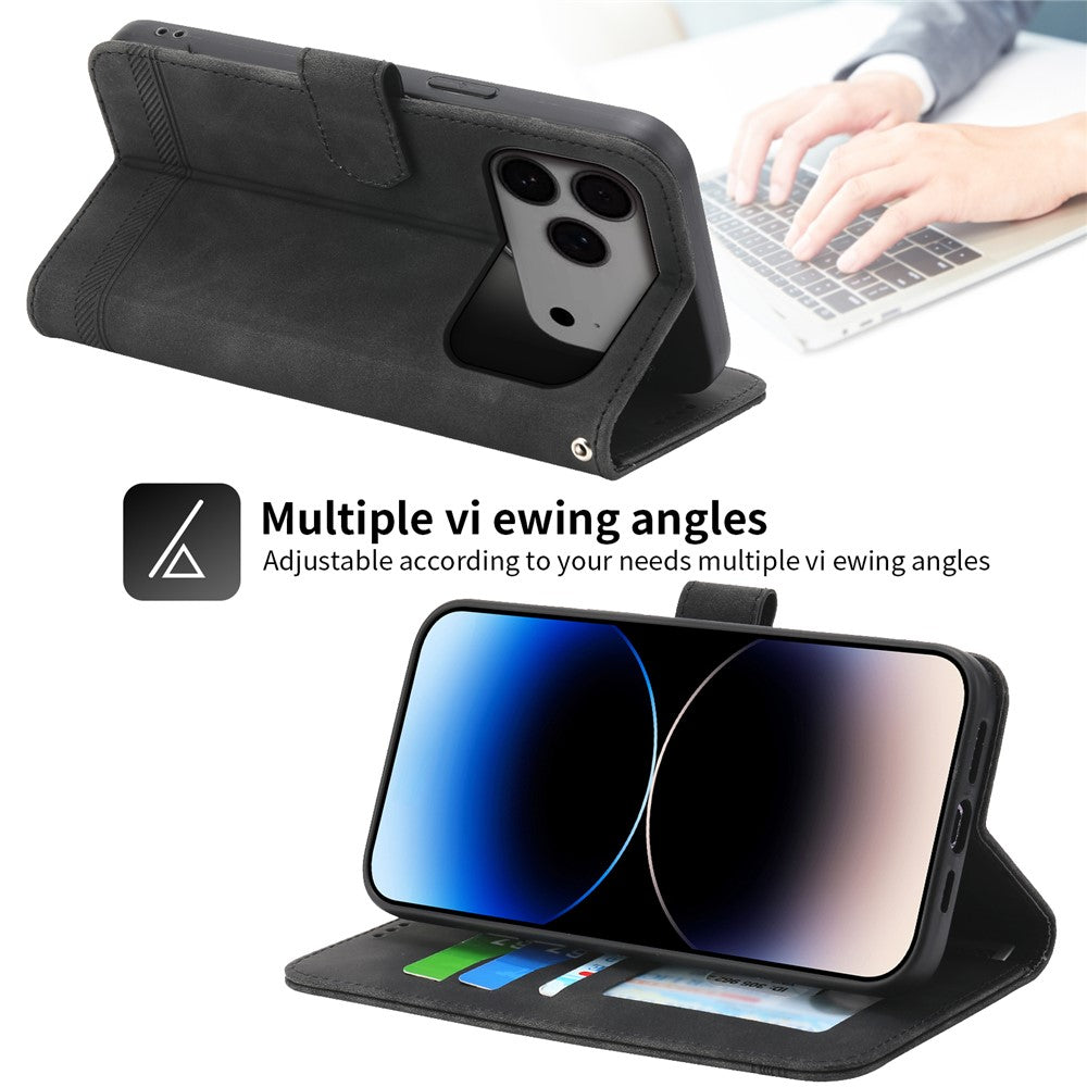 DIERFENG DF-03 For iPhone 17 Pro Max Case Lines Imprint Wallet Leather Phone Cover with Wrist Strap - Black