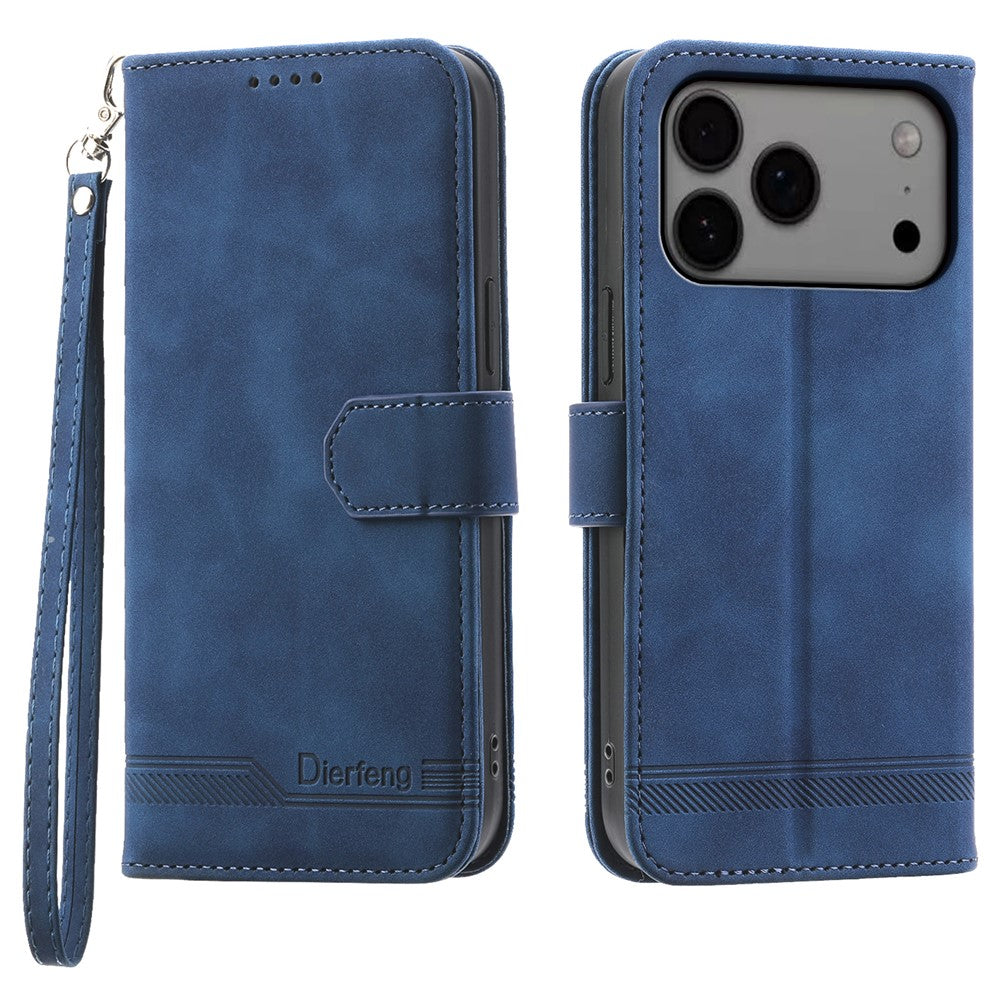 DIERFENG DF-03 For iPhone 17 Pro Max Case Lines Imprint Wallet Leather Phone Cover with Wrist Strap - Blue