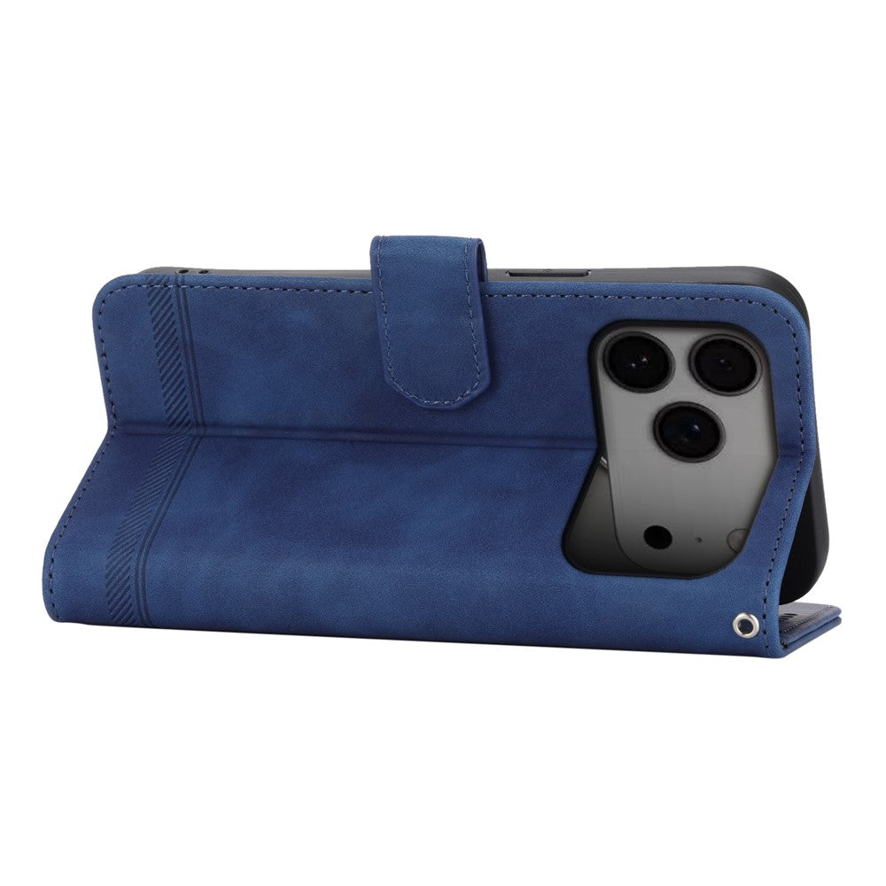DIERFENG DF-03 For iPhone 17 Pro Max Case Lines Imprint Wallet Leather Phone Cover with Wrist Strap - Blue