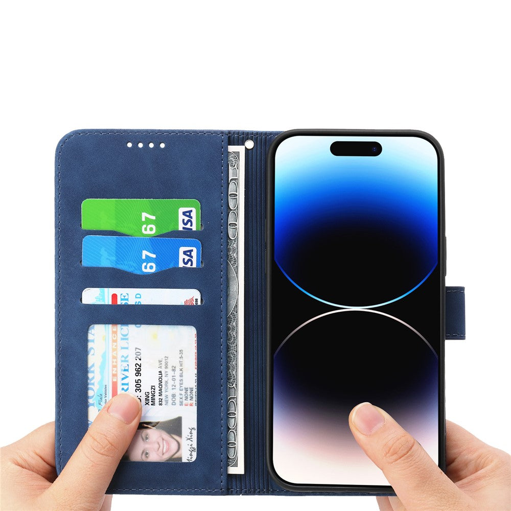 DIERFENG DF-03 For iPhone 17 Pro Max Case Lines Imprint Wallet Leather Phone Cover with Wrist Strap - Blue