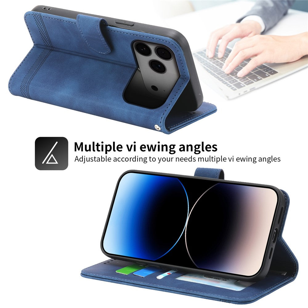 DIERFENG DF-03 For iPhone 17 Pro Max Case Lines Imprint Wallet Leather Phone Cover with Wrist Strap - Blue