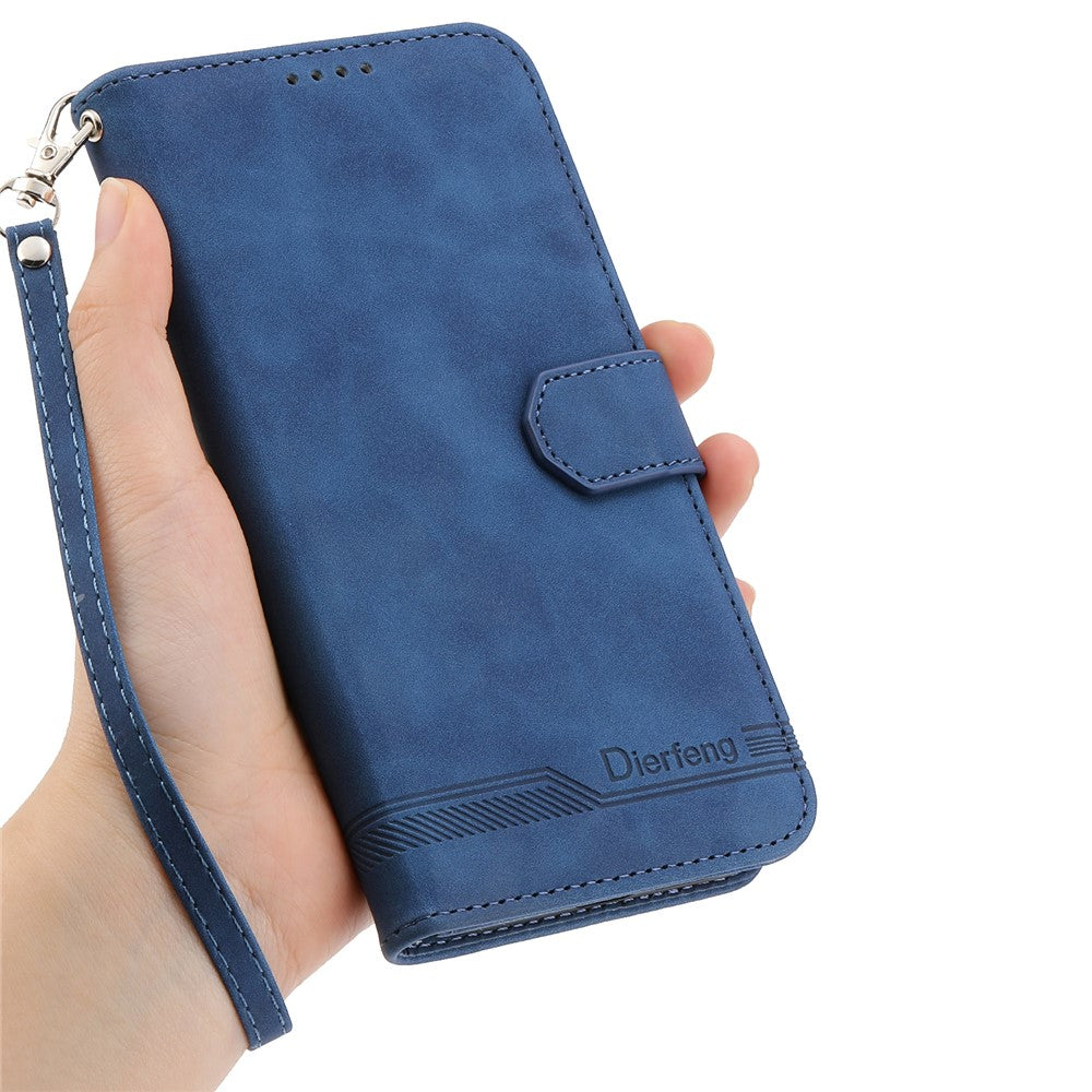 DIERFENG DF-03 For iPhone 17 Pro Max Case Lines Imprint Wallet Leather Phone Cover with Wrist Strap - Blue