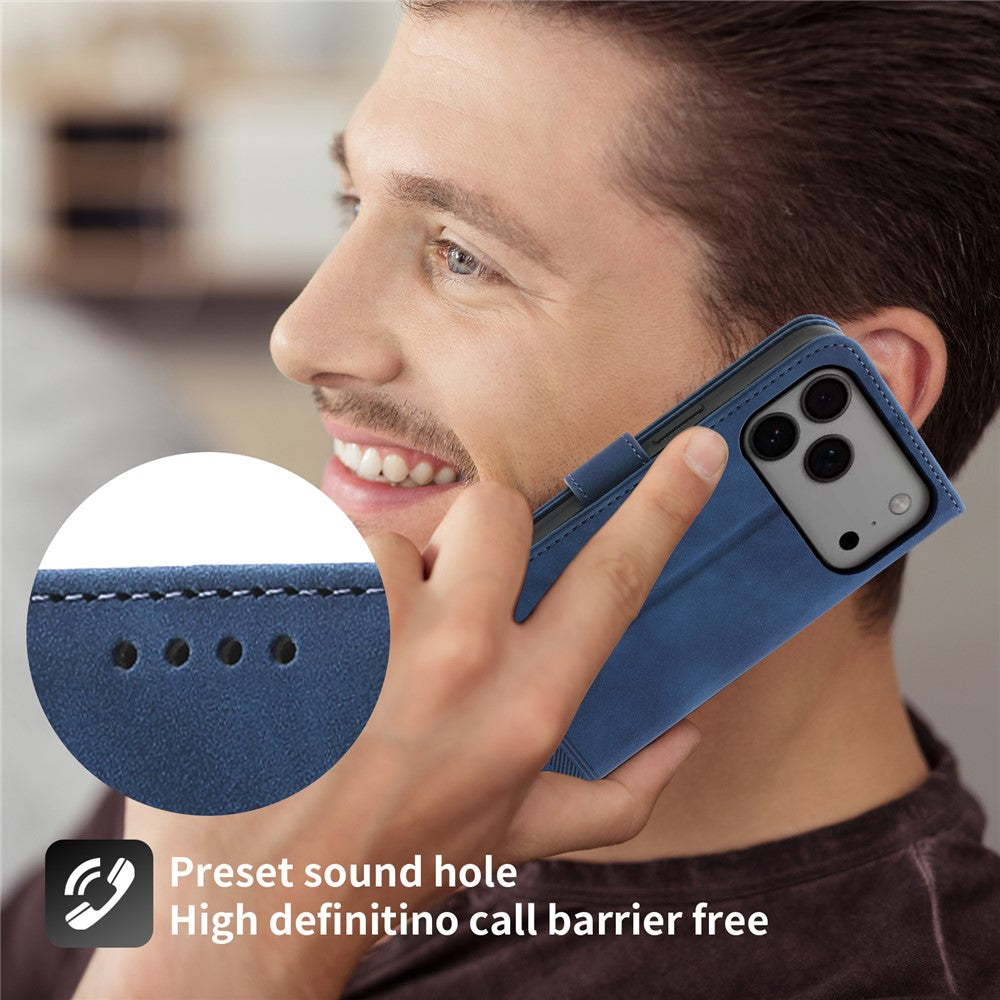 DIERFENG DF-03 For iPhone 17 Pro Max Case Lines Imprint Wallet Leather Phone Cover with Wrist Strap - Blue