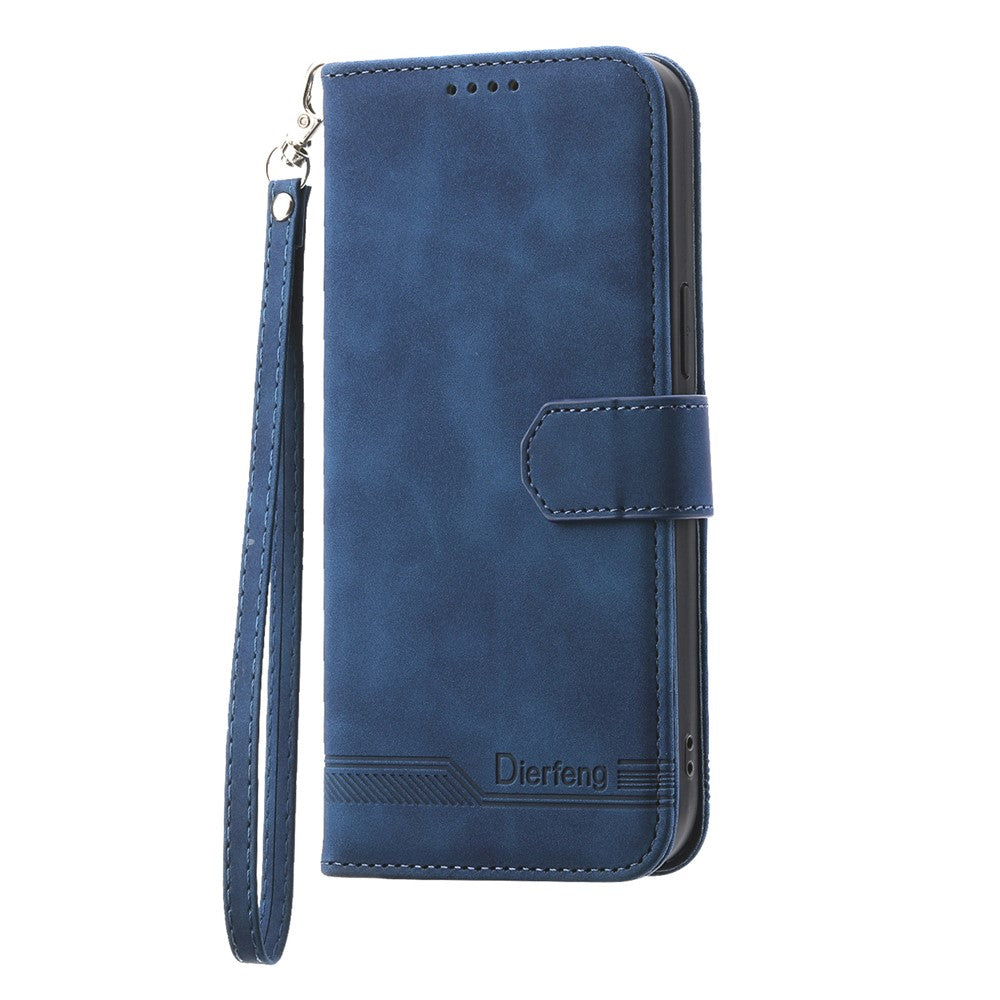 DIERFENG DF-03 For iPhone 17 Pro Max Case Lines Imprint Wallet Leather Phone Cover with Wrist Strap - Blue