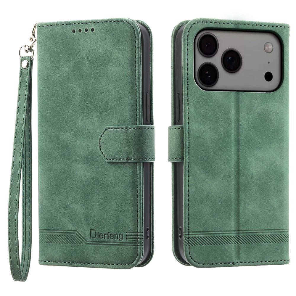 DIERFENG DF-03 For iPhone 17 Pro Max Case Lines Imprint Wallet Leather Phone Cover with Wrist Strap - Green