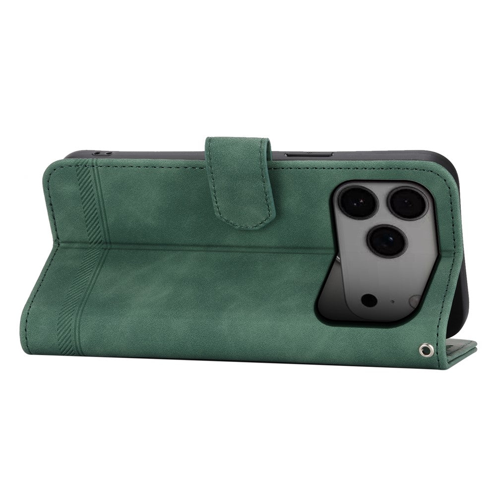 DIERFENG DF-03 For iPhone 17 Pro Max Case Lines Imprint Wallet Leather Phone Cover with Wrist Strap - Green