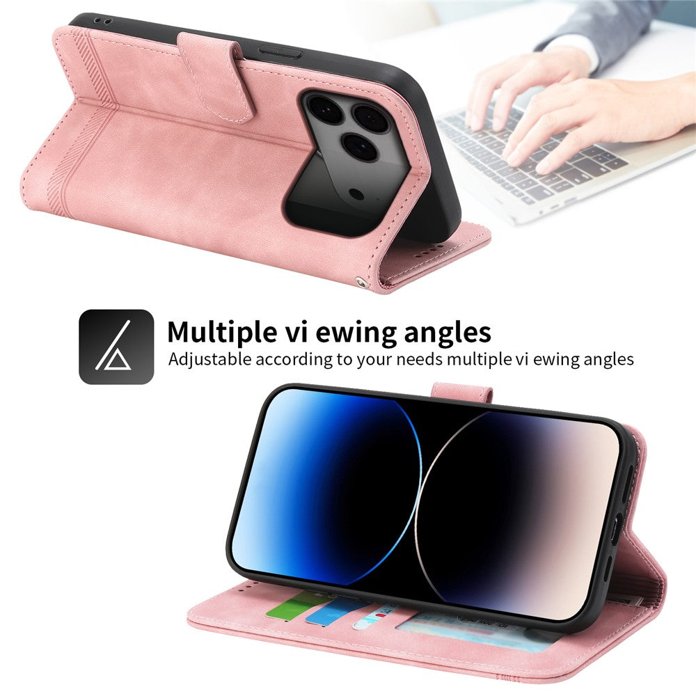 DIERFENG DF-03 For iPhone 17 Pro Max Case Lines Imprint Wallet Leather Phone Cover with Wrist Strap - Pink