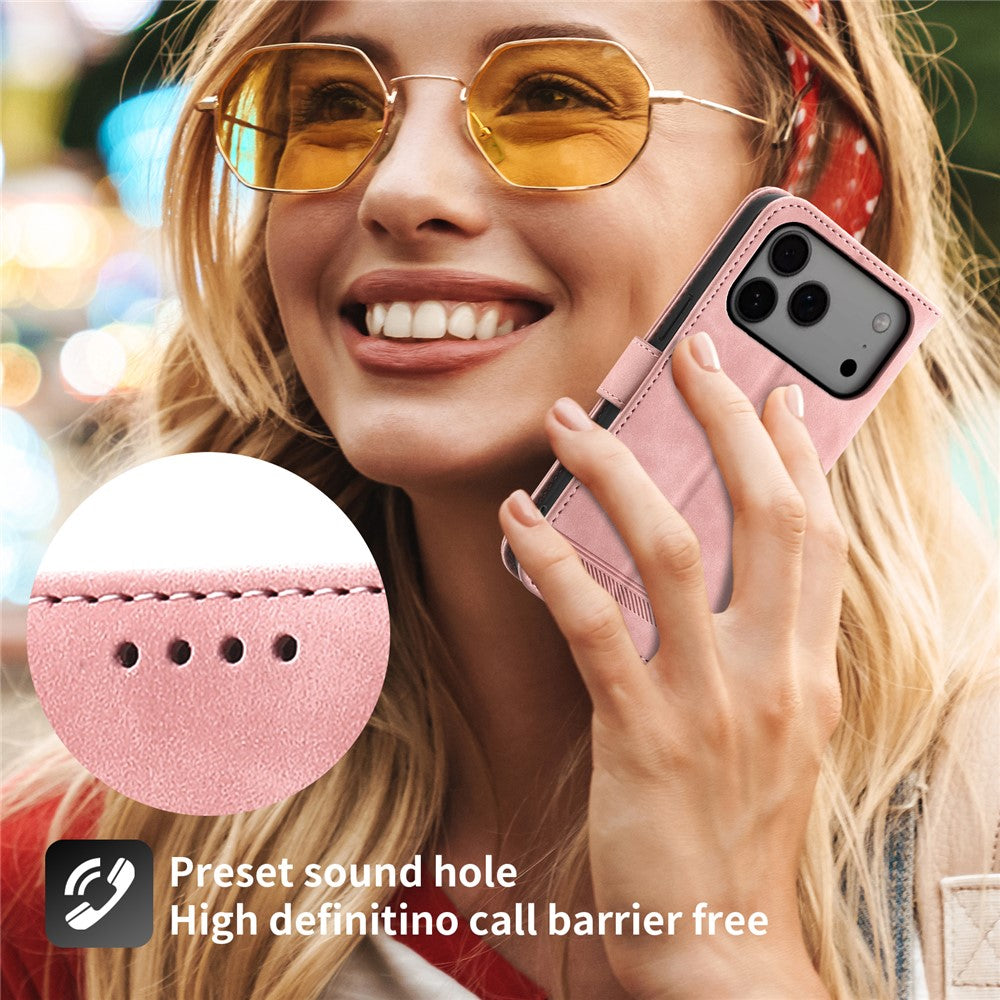 DIERFENG DF-03 For iPhone 17 Pro Max Case Lines Imprint Wallet Leather Phone Cover with Wrist Strap - Pink