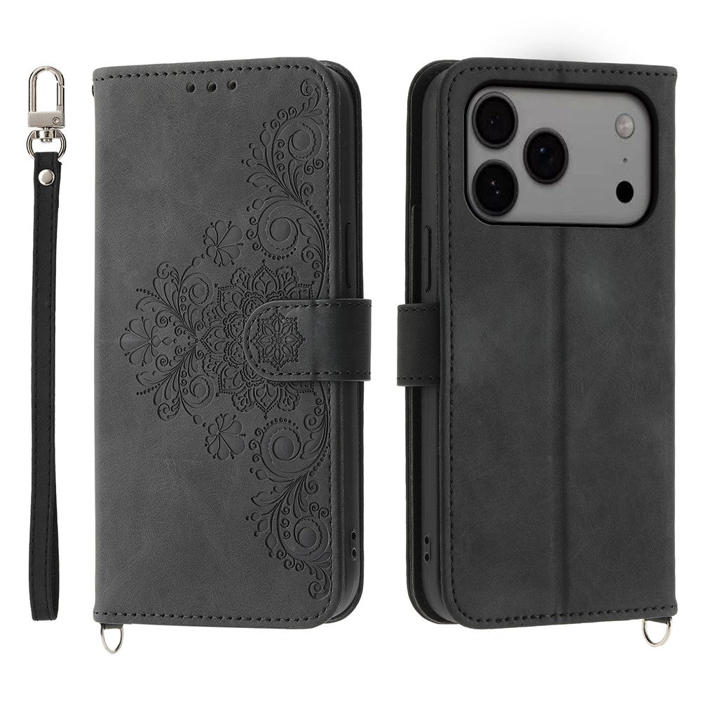For iPhone 17 Pro Max Case Flower Pattern PU Leather Wallet Phone Cover with Strap - Black