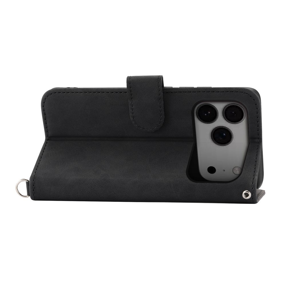 For iPhone 17 Pro Max Case Flower Pattern PU Leather Wallet Phone Cover with Strap - Black