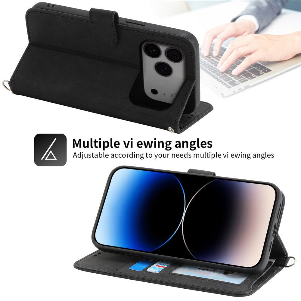 For iPhone 17 Pro Max Case Flower Pattern PU Leather Wallet Phone Cover with Strap - Black