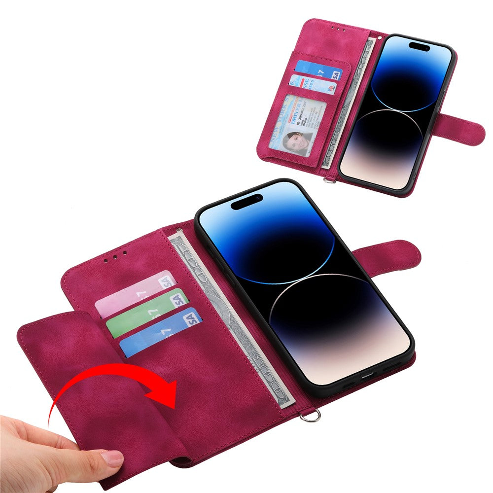 For iPhone 17 Pro Max Case Flower Pattern PU Leather Wallet Phone Cover with Strap - Wine Red