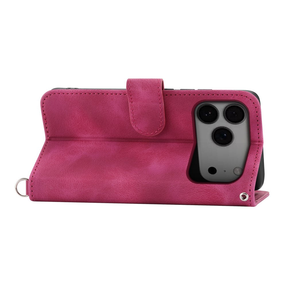 For iPhone 17 Pro Max Case Flower Pattern PU Leather Wallet Phone Cover with Strap - Wine Red